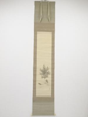 武部白鳳筆　稚松鶯鳥図　肉筆絹本掛軸（共箱）□z